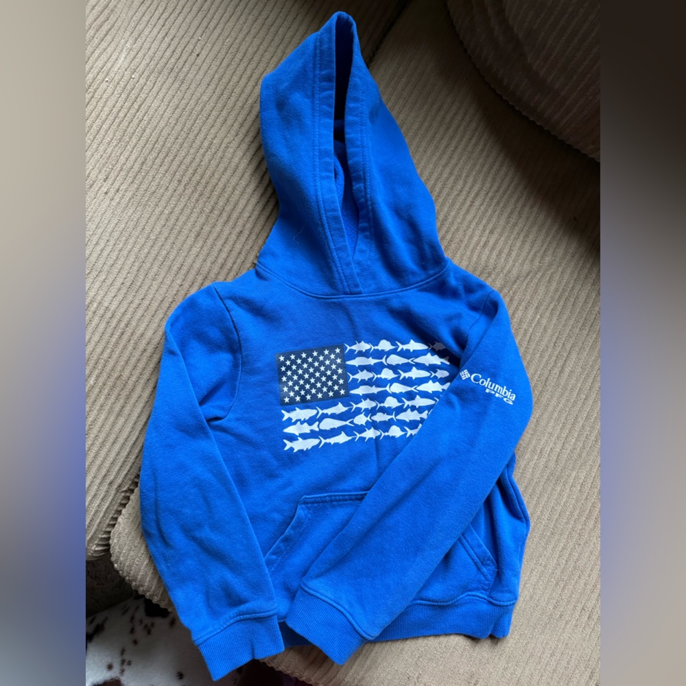 Columbia Royal Blue Hoodie with Fish Graphic